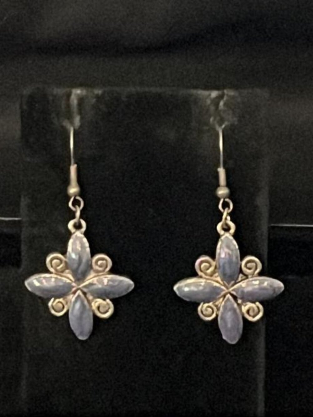 Blue Petal and Silver Tone Swirl Earrings